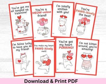 Kids Valentines Day Cards, Class Exchange Valentine Classroom Cards, Printable Class Valentine Card for Girls, School Valentine Card, Cat