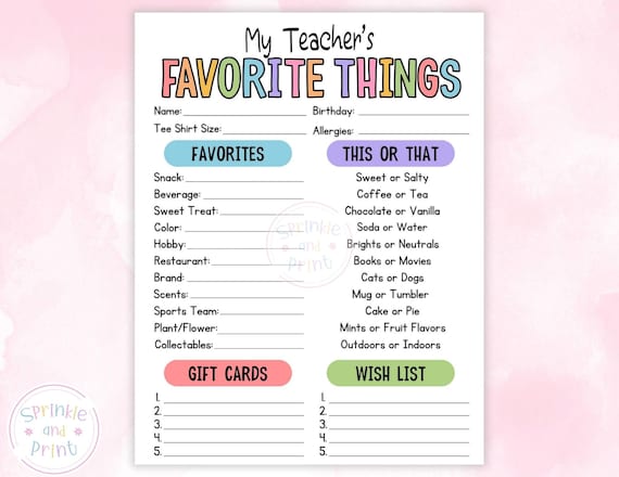 All About My Teacher Printable PDF, My Teacher Favorite Things, Teacher Survey Printable, Getting to Know My Teacher Questionnaire for Gifts