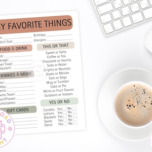 May include: A printable "My Favorite Things" list with sections for food, hobbies, and preferences. The list includes prompts for snacks, beverages, and more. A cup of coffee and a keyboard are in the background.