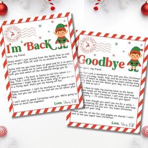 Könnte beinhalten: Zwei Weihnachtsbriefe mit rot-weiß gestreiften Rändern und festlichen Illustrationen. Einer sagt "I'm Back" mit einer Elfengrafik, und der andere sagt "Goodbye". Beide Briefe enthalten Text von einem Elf.