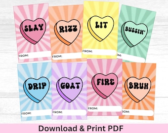 Tarjetas de San Valentín para preadolescentes, adolescentes, generación Z, divertidas, jerga, corazones de caramelo, imprimibles.