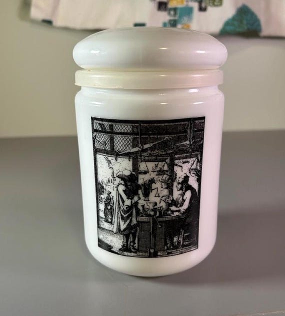 Vintage Dutch Milk Glass Tobacco Jar: Black & White De Balarise Maake