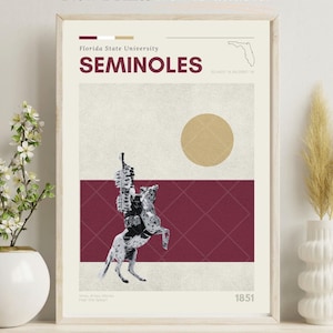 Universidad Estatal de Florida, Seminoles de Florida, Póster de Florida State, FSU, Seminoles, Póster deportivo, Arte minimalista, Arte moderno de mediados de siglo
