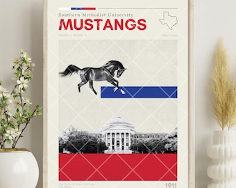 Süd-Methodist-University, SMU mustangs, SMU, mustangs, Sportplakat, Mid Century Modern, minimalistische Kunst, Collegeplakat