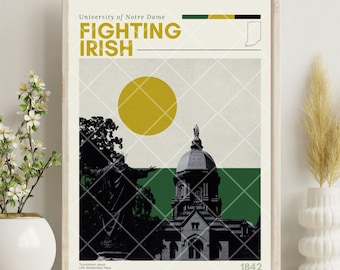Notre Dame Fighting Irish Poster: Mid Century Modern College Sports Wall Hanging Art