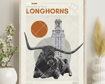 Universität von Texas, Texas Longhorns, Austin, Texas, Hook &#39;Em, Sport Poster, Mid Century Modern, minimalistische Kunst, College Poster