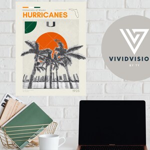 K&ouml;nnte beinhalten: Ein Plakat im Retro-Stil mit dem Logo der University of Miami Hurricanes. Das Plakat hat einen wei&szlig;en Hintergrund mit einem gr&uuml;n-orangen Farbschema. Das Logo ist ein stilisiertes "U" mit Palmen und einem Sonnenuntergang im Hintergrund. Der Text "University of Miami Hurricanes" und "1925" ist ebenfalls auf dem Plakat enthalten.