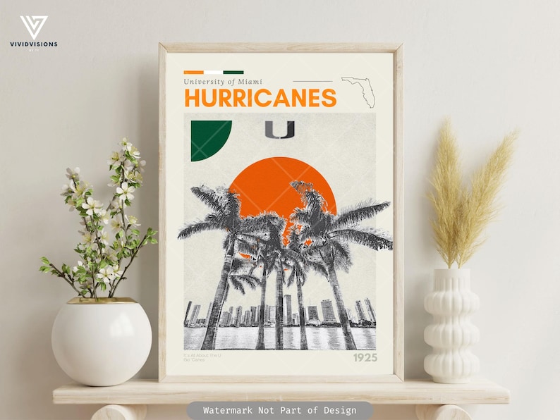 K&ouml;nnte beinhalten: Ein Plakat im Retro-Stil mit dem Logo der University of Miami Hurricanes. Das Plakat hat einen wei&szlig;en Hintergrund mit einem gro&szlig;en orangen Kreis, einem gr&uuml;n-wei&szlig;en U und Palmen. Der Text "University of Miami Hurricanes" und "1925" ist ebenfalls enthalten.