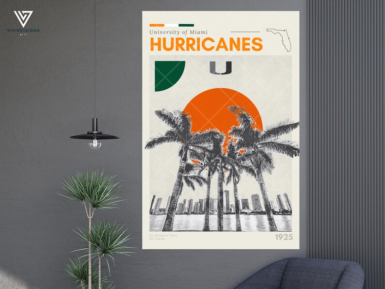 K&ouml;nnte beinhalten: Ein Vintage-Poster mit dem Logo der University of Miami Hurricanes. Das Poster hat ein gr&uuml;n-oranges Farbschema und zeigt Palmen und einen Sonnenuntergang. Der Text "University of Miami Hurricanes" und "1925" ist auf dem Poster zu sehen.