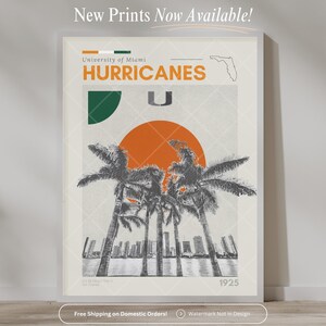 K&ouml;nnte beinhalten: Ein Vintage-Poster mit dem Logo der University of Miami Hurricanes. Das Poster hat einen wei&szlig;en Hintergrund mit orangefarbenen, gr&uuml;nen und schwarzen Akzenten. Es zeigt eine Palmensilhouette und den Text "HURRICANES" und "1925".