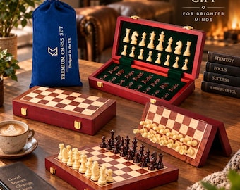 Premium schaakset, gepersonaliseerd magnetisch opvouwbaar houten schaakbord, 30 cm, gravering in hout, leer of messing, opbergvak voor de stukken en etui.