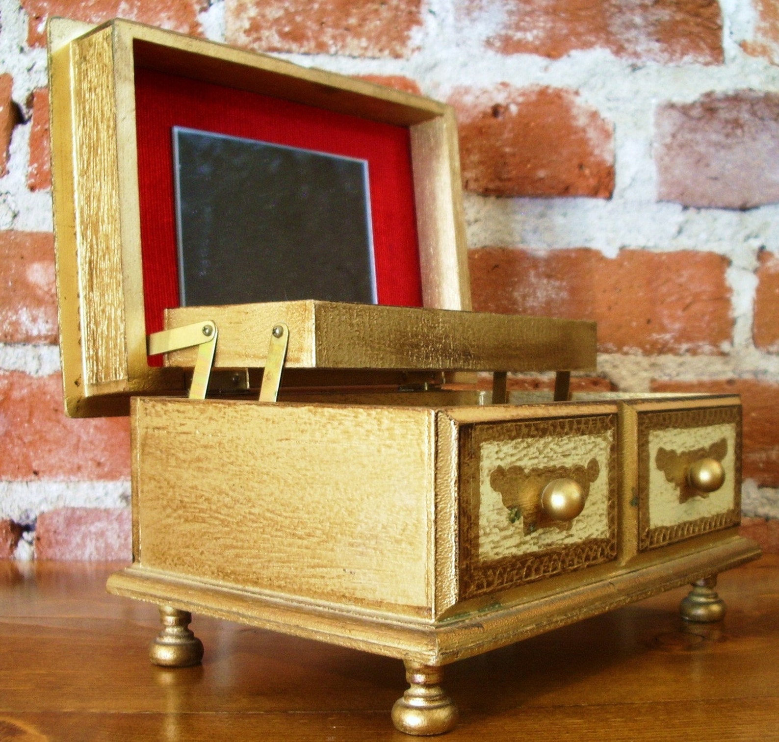 Vintage Wooden Musical Jewelry Box Decoupage Gold Etsy