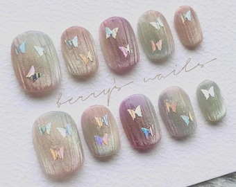 Candy Pastel  Flower Butterfly Handmade Press On Nails: Short Round