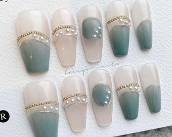 Handmade Green Coffin Press On Nails, Pearls & Gold Chains, Wedding and Bridal Manicure