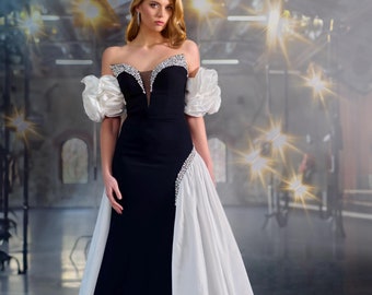 Elegance in Black White: Crystal Embellished Evening Gown With