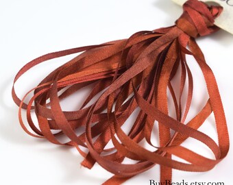 4 yards Silk Ribbon 4mm, Hand-dyed, Rusty Amber, SR4-038-047