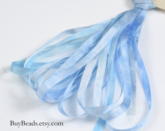 4 yards Silk Ribbon 4mm, Hand-dyed, Pearled Blues, SR4-048