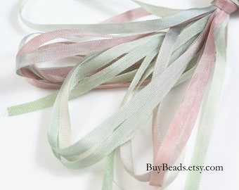 4 yards Silk Ribbon 4mm, Hand-dyed, Silvered Celery, SR4-079