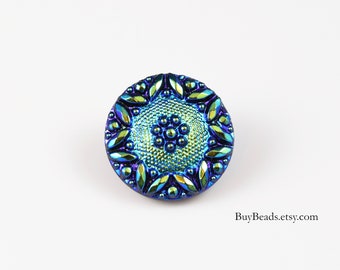 ONE Vintage Czech Glass Button, 18mm, Carnival Aurora AB Finish, Blue, Green