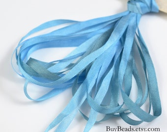 4 yards Silk Ribbon 4mm, Hand-dyed, Robin Egg Blues, SR4-015