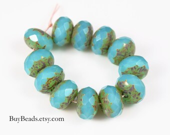 12 pcs Czech Glass Faceted Rondelles 10x7mm, Aqua Blue Picasso