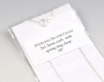ONE (1) Sterling Silver Curb Chain 2x1.3mm Long With Spring Ring Clasp, 18" Length