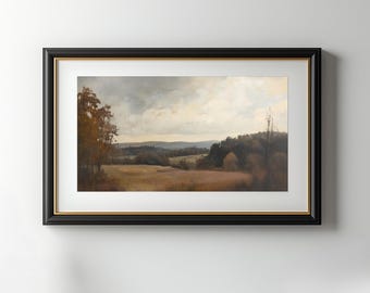 Puede incluir: Una pintura de paisaje enmarcada que representa un valle con colinas onduladas, árboles y un cielo nublado. La pintura está en un marco negro con un borde interior dorado.