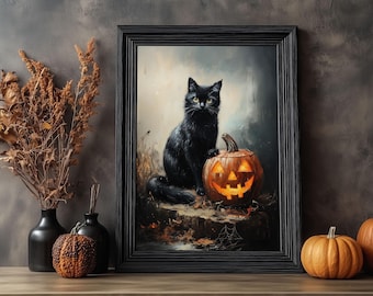 May include: A black cat sits next to a glowing jack-o'-lantern with a carved face. The cat is looking directly at the viewer. The scene is set against a dark, textured background.