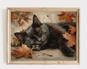 Vintage Black Cat Art Print, Autumn Leaves, Halloween Decor (Digital Download)