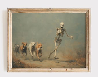 Divertente stampa artistica di uno scheletro di Halloween, cani d'epoca che inseguono (download digitale)