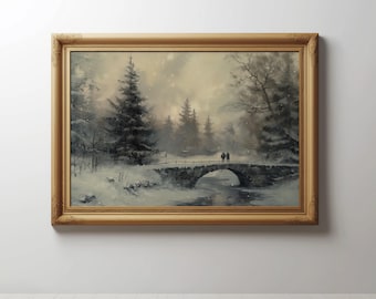 Stampa vintage di paesaggio invernale: scena di ponte innevato (download digitale)