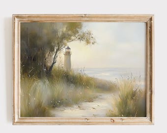 May include: A framed painting of a lighthouse on a sandy beach with tall grasses and a tree in the foreground. The sky is a soft blue and the water is a light blue.