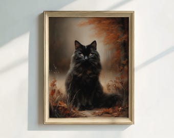 Impressão artística vintage de gato preto, Halloween, decoração outonal melancólica (download digital)