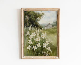 ヴィンテージの野花畑の風景画：素朴な花のアート（デジタルダウンロード）
