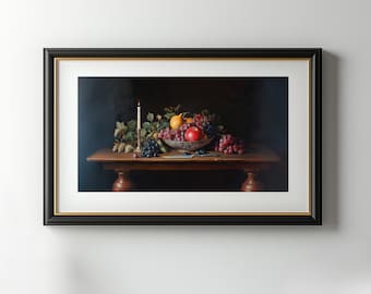 Impresión de bodegón de frutas vintage: Arte de cocina melancólico (Descarga digital)