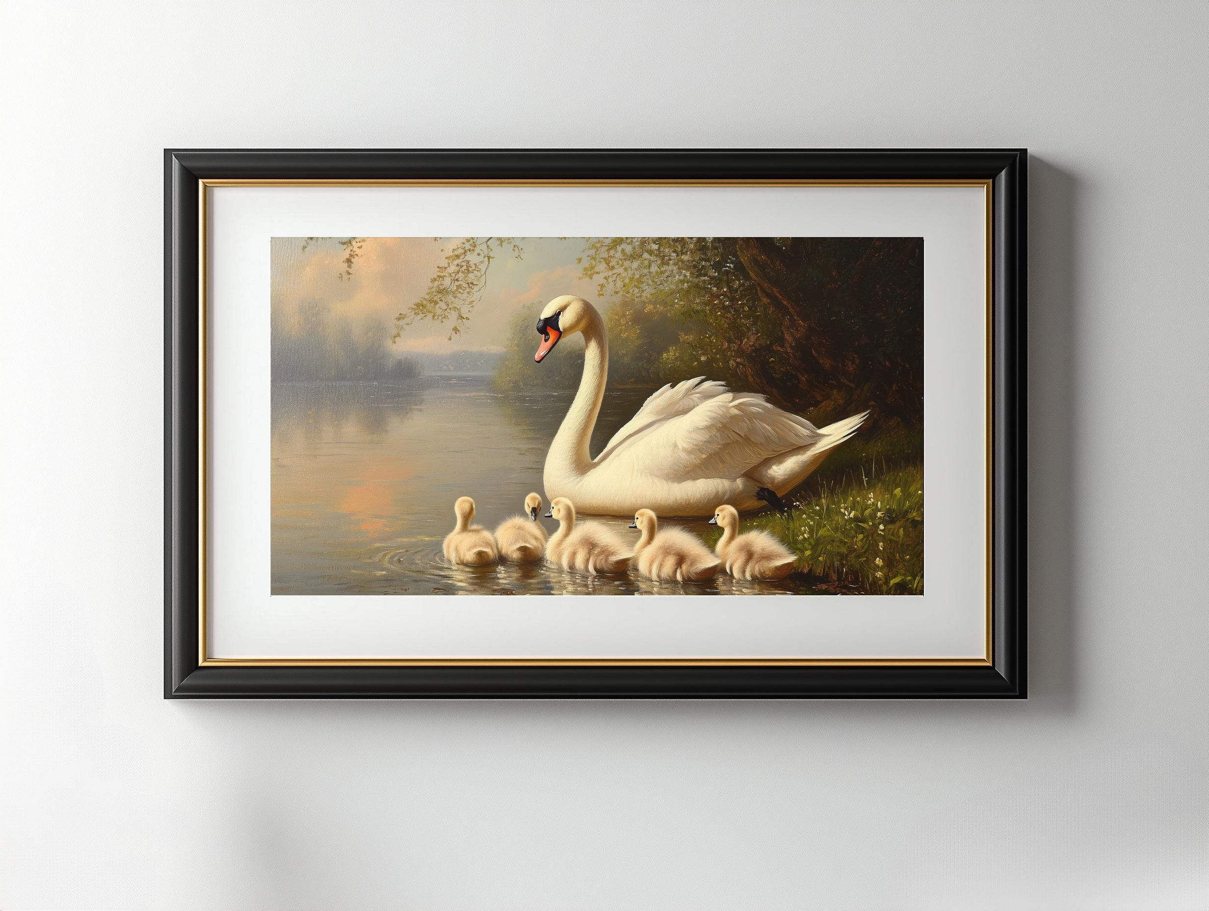 Vintage Style Swan and Cygnets Print: Wildlife Art (digital