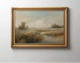 Peut inclure: Une peinture à l'huile encadrée représentant un paysage avec un ruisseau serpentant à travers un champ de fleurs sauvages. Le ciel est d'un bleu doux avec des nuages vaporeux. La peinture est dans un cadre doré.