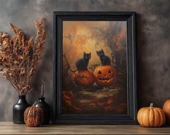 Halloween Cats, Black Cat and Pumpkin, Vintage Style Halloween Art