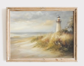 May include: A framed painting of a white lighthouse on a sandy beach with tall grasses and a cloudy sky. The lighthouse has a light on at the top.