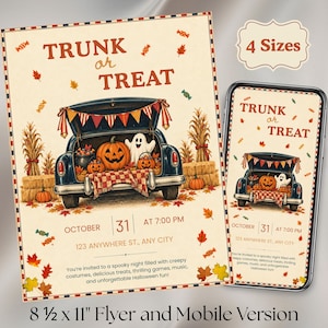 May include: A Trunk or Treat event flyer and mobile version featuring a vintage car with an open trunk filled with pumpkins, a ghost, and sweets. The design includes autumn leaves, corn stalks, and text reading October 31 at 7:00 PM, 123 Anywhere St.