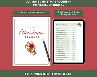 Ultimativer Weihnachtsplaner, druckbar oder digital | 108-seitige Urlaubsplanungsmappe mit Tabs, Budget, Geschenke, Mahlzeiten & Party Organizer
