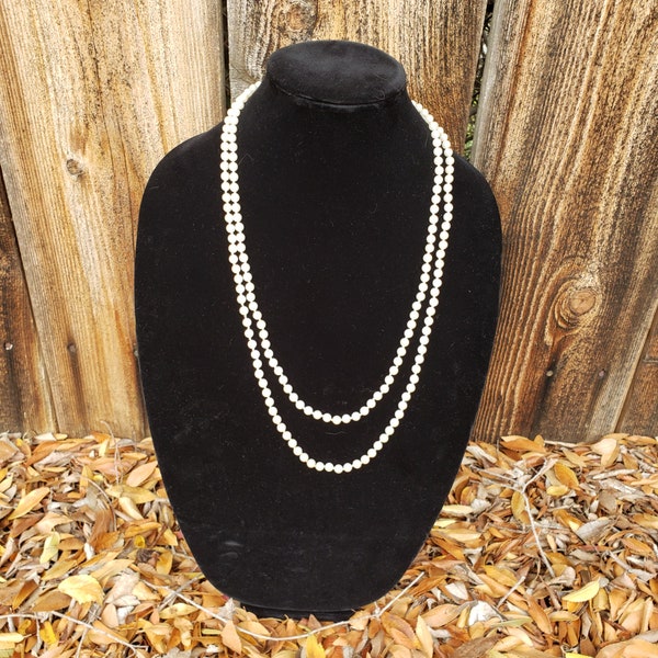 VINTAGE Faux Pearl Necklace Long 5 mm Pearls 56" Long Quality Knotted in Between Pearls Retro Stylish Classy Gift for Her Evening Wear