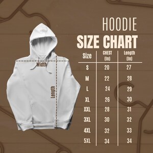 May include: Hoodie size chart with measurements in inches for chest and length. Sizes range from S to 5XL.