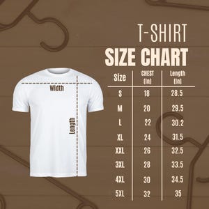 May include: T-shirt size chart with measurements in inches for chest and length. The chart shows sizes from S to 5XL.