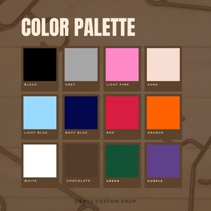 May include: Color palette chart with 12 color swatches. The colors are black, grey, light pink, sand, light blue, navy blue, red, orange, white, chocolate, green, and purple.