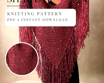 Sparkle Shawl Knitting Pattern, Sequin Triangle Wrap with Fringe (PDF Download)