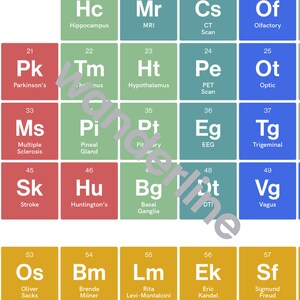 May include: A colourful chart in the style of a periodic table, featuring medical terms and abbreviations. Each square contains a unique abbreviation and term, like "Ms" for Multiple Sclerosis and "Ht" for Hypothalamus. The background is white.
