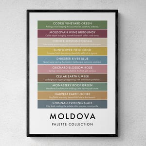 May include: A framed wall art print titled Moldova Palette Collection featuring ten horizontal colour bars with names and descriptions including Codru Vineyard Green, Moldovan Wine Burgundy, Orhei Limestone Cream, Sunflower Field Gold, Dniester River Blue, Orchard Blossom Rose, Cellar Earth Umber, Monastery Roof Green, Harvest Earth Ochre, and Chisinau Evening Slate.