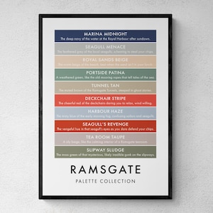 Puede incluir: Un póster colorido con el título "Ramsgate Palette Collection". El póster presenta una lista de nombres de colores y descripciones inspiradas en la ciudad costera de Ramsgate, Inglaterra. Los colores incluyen Marina Midnight, Seagull Menace, Royal Sands Beige, Portside Patina, Tunnel Tan, Deckchair Stripe, Harbour Haze, Seagull's Revenge, Tea Room Taupe y Slipway Sludge.