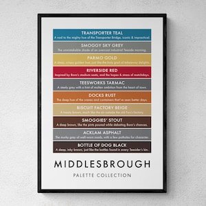 May include: A framed print showcasing a Middlesbrough colour palette. Each colour, including "Transporter Teal" and "Smoggy Sky Grey", is named and described. The print's text explains the inspiration behind each shade, such as "Docks Rust". The bottom reads "Middlesbrough Palette Collection."